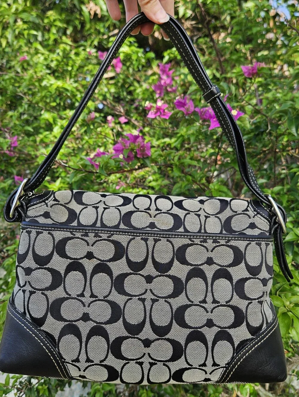 Coach Hampton F13066 Black Signature Jacquard Turnlock Flap Shoulder Bag